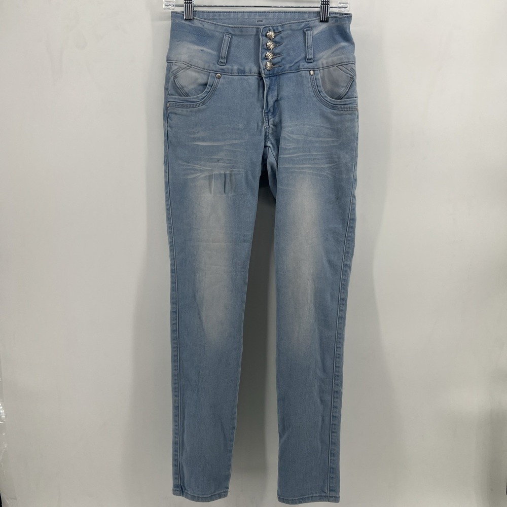 Tush Push Women's Skinny Jeans Blue Medium Wash Denim Button 5-Pocket Design